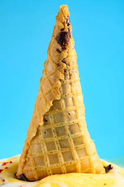 Pineapple Cherry Flavor Ice Cream Cone Melted Blue Background Close — Stock Photo, Image