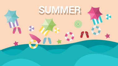 Şemsiyeli, toplu, yüzme halkalı, sörf tahtalı, sandaletli, deniz yıldızlı plaj manzaralı. Summeer vektörü