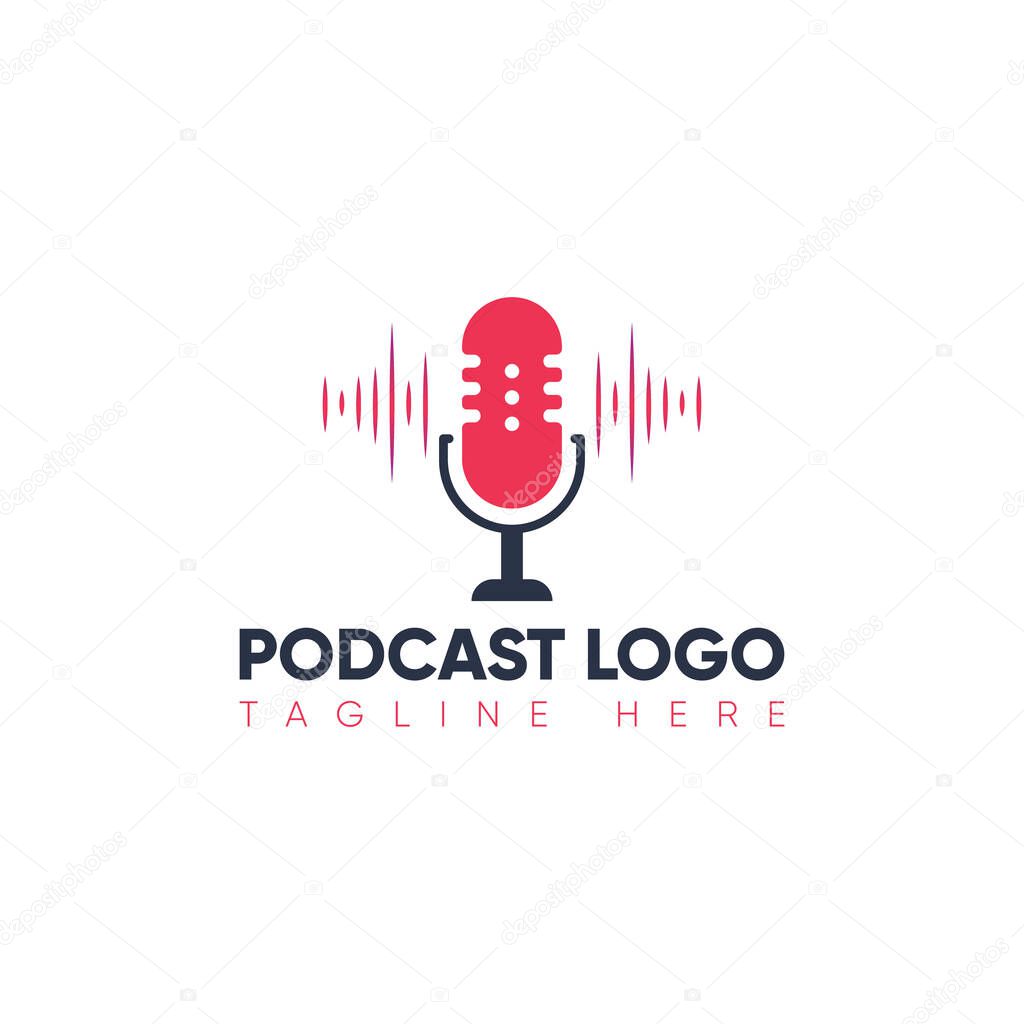 Podcast radio icon. Studio table microphone with the broadcast. Webcast audio record concept logo.