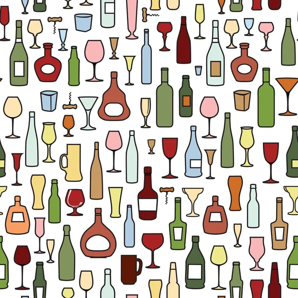 Beyaz Arka Plan Üzerinde Şarap Şişeleri Kadehlerin Seamless Modeli — Stok Vektör