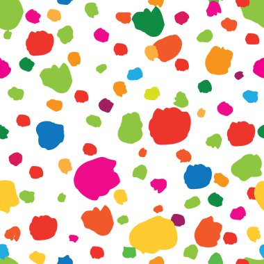 Soyut seamless modeli el ile polka dot çizilmiş. Süs çok renkli beyaz arka plan. Spot duvar kağıdı tasarımı