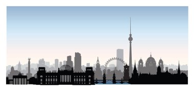 Berlin 'deki binaların silueti. Alman şehir manzarası. Berlin şehir simgeleriyle dolu. Almanya 'yı seyehat et.