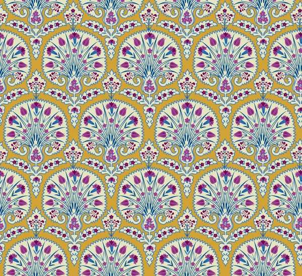 蓬勃发展的花卉图案平铺东方民族背景 用梦幻般的花和叶的阿拉伯文装饰 对古代印度布料花纹画的仙境动机 — 图库矢量图片