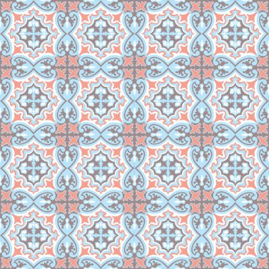 Çiçeksiz, soyut bir desen. Geometrik Asya süsü. Portugues azulejo tarzında geleneksel oryantal fayanslar. Duvar kağıdı tasarımı için iyi