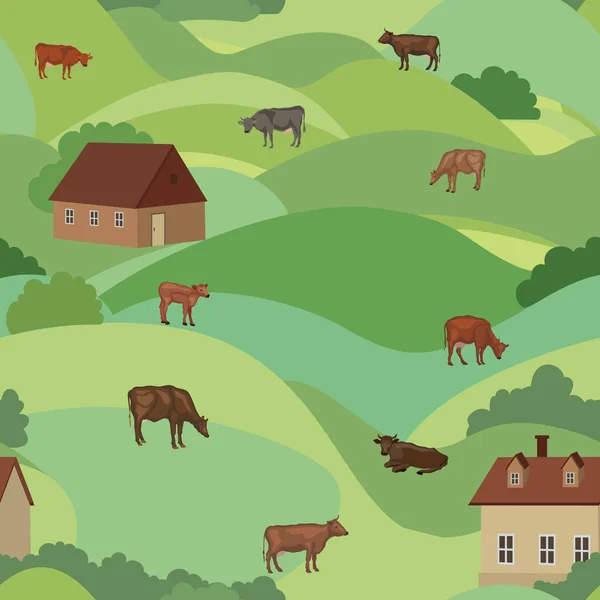 家畜のシームレスなパターン 田舎の風景を背景にした家畜 — ストック写真