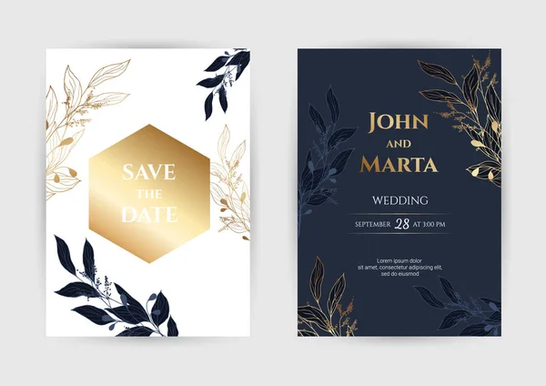 Wedding Invitation with Gold Flowers. eps10 - Stok Vektor