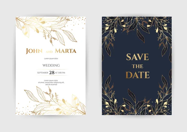 Wedding Invitation with Gold Flowers. eps10 - Stok Vektor