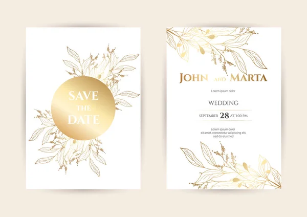 Invitación de boda con flores de oro. eps10 — Vector de stock