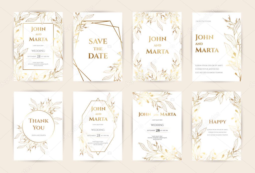 Wedding Invitation with Gold Flowers. eps10