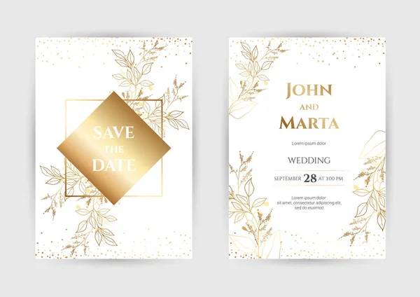 Convite de casamento com flores de ouro. eps10 — Vetor de Stock