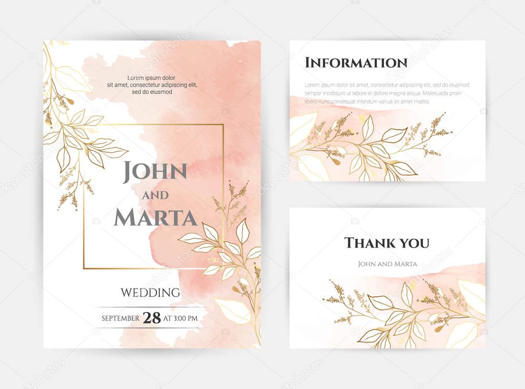 Wedding Invitation with Gold Flowers. eps10