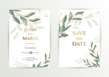 Düğün davetiyesi. Yapraklı ve geometrik çerçeveli bir kart seti. eps10