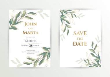 Wedding invite. Set of card with leaves and geometrical frame. eps10 clipart