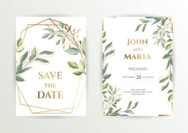 Düğün davetiyesi. Yapraklı ve geometrik çerçeveli bir kart seti. eps10