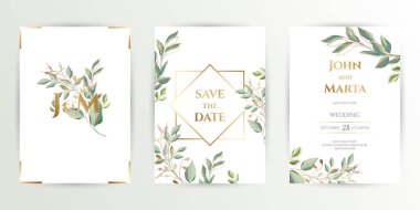 Wedding invite. Set of card with leaves and geometrical frame. eps10 clipart