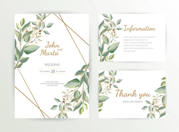 Bröllopsinbjudan. Uppsättning kort med blad och geometrisk ram. eps10 — Stock vektor