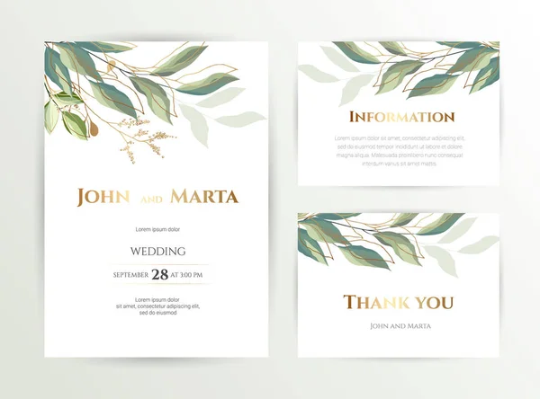 Πρόσκληση γάμου. Συλλογή κάρτας με φύλλα και γεωμετρικό πλαίσιο. eps10 — Διανυσματικό Αρχείο