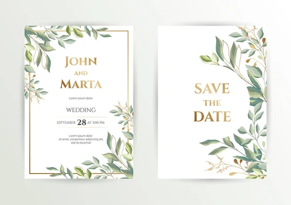 Hochzeit einladen. Kartenset mit Blättern und geometrischem Rahmen. eps10 — Stockvektor