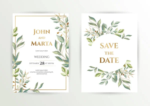 Invitation au mariage. Jeu de cartes avec feuilles et cadre géométrique. eps10 — Image vectorielle