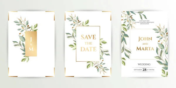 Wedding invite. Set of card with leaves and geometrical frame. eps10 — 스톡 벡터