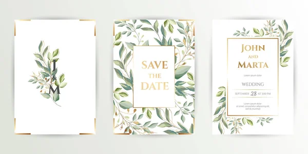 Um convite de casamento. Conjunto de cartão com folhas e moldura geométrica. eps10 —  Vetores de Stock