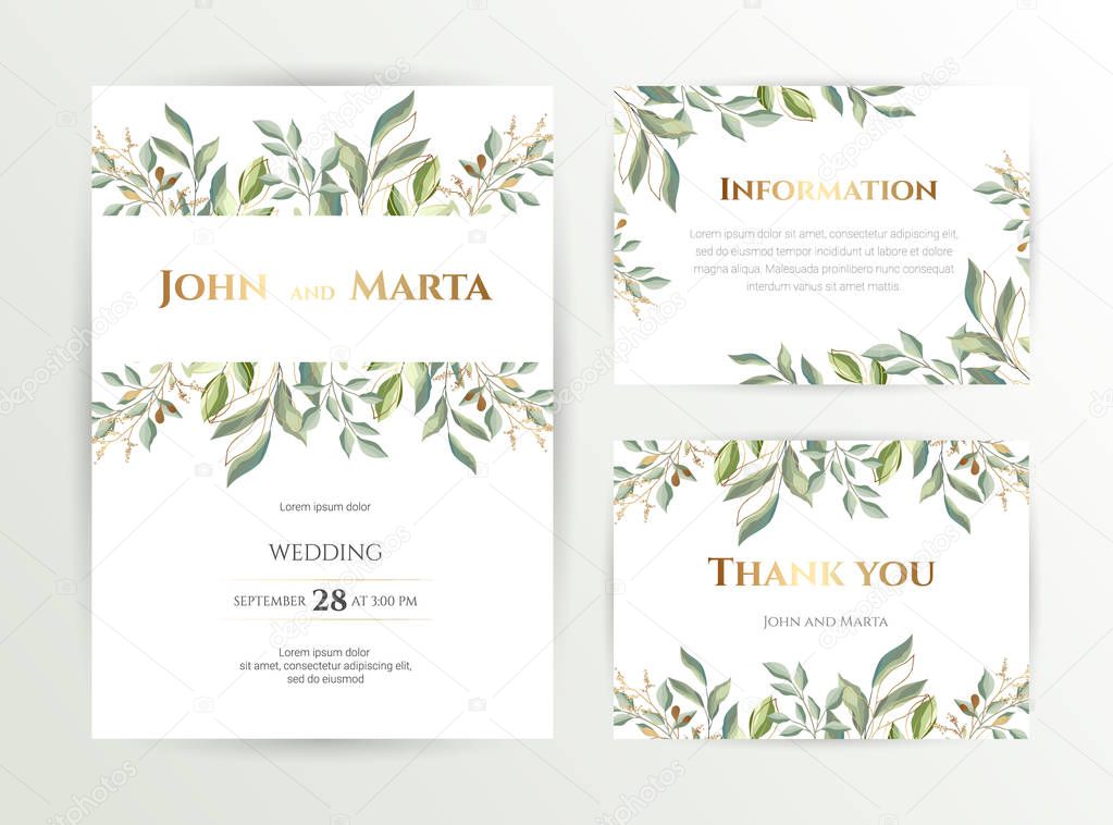 Wedding invite. Set of card with leaves and geometrical frame. eps10