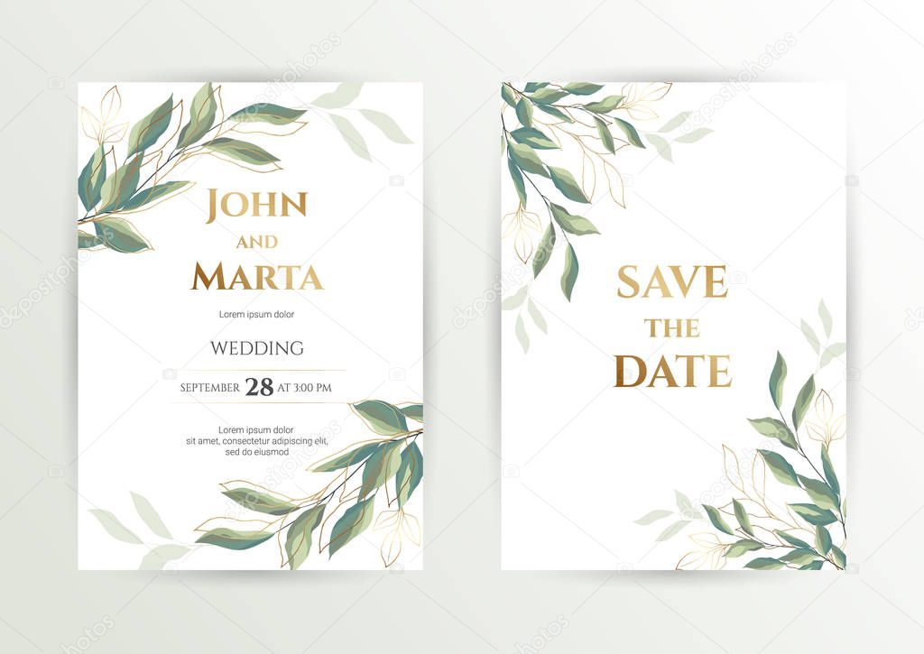 Wedding invite. Set of card with leaves and geometrical frame. eps10