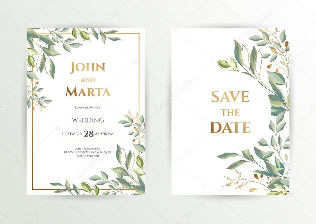 Wedding invite. Set of card with leaves and geometrical frame. eps10