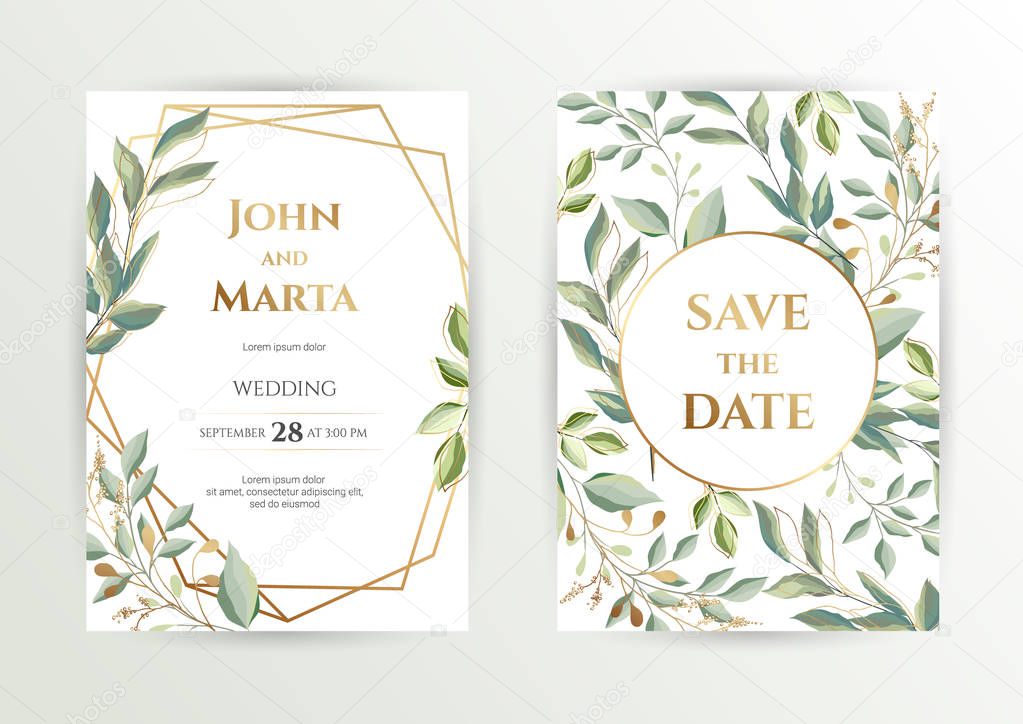 Wedding invite. Set of card with leaves and geometrical frame. eps10