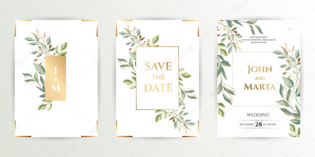 Wedding invite. Set of card with leaves and geometrical frame. eps10