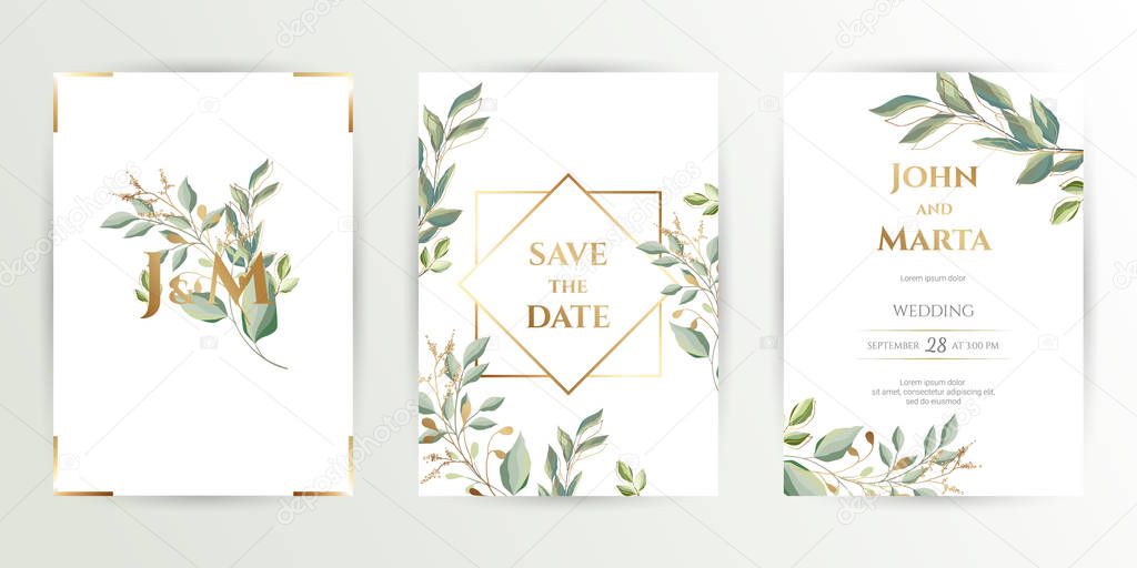 Wedding invite. Set of card with leaves and geometrical frame. eps10