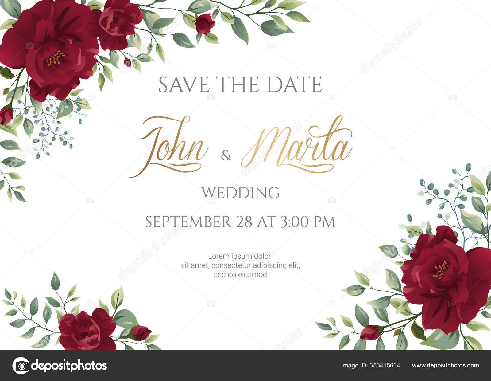 Wedding Invitation Card Red Roses Watercolor Leaves Golden Geometric Frame Stock Vector Image By C Anfisa1812 353415604