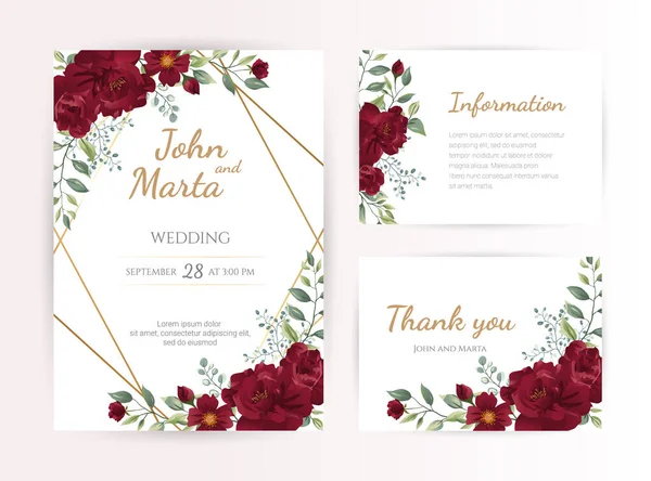 Hochzeitseinladungskarte Mit Roten Rosen Aquarell Blättern Und Goldenem Geometrischen Rahmen — Stockvektor