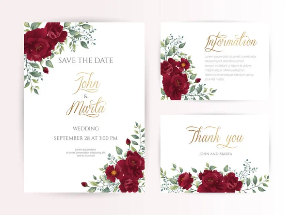 Esküvői Meghívó Vörös Rózsákkal Akvarellekkel Levelekkel Arany Geometriai Kerettel Virágos — Stock Vector
