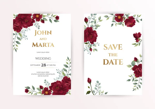 Cartão Convite Casamento Com Rosas Vermelhas Aquarela Folhas Moldura Geométrica —  Vetores de Stock