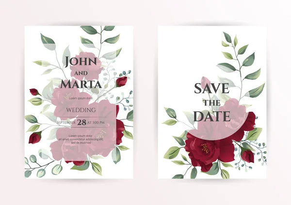 Πρόσκληση Γάμου Κόκκινα Τριαντάφυλλα Ακουαρέλα Φύλλα Και Χρυσό Γεωμετρικό Πλαίσιο — Διανυσματικό Αρχείο
