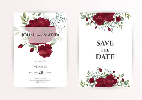 Tarjeta Invitación Boda Con Rosas Rojas Acuarela Hojas Marco Geométrico — Vector de stock