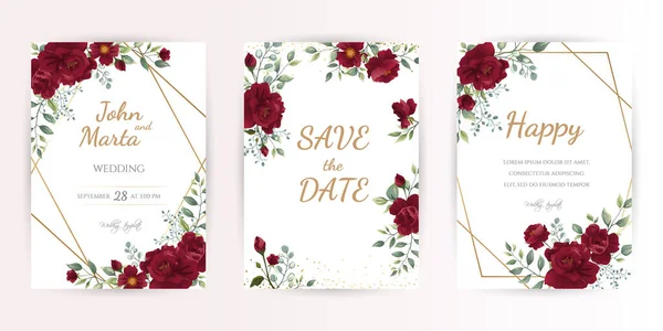 Kırmızı Güller Suluboya Yapraklar Altın Geometrik Çerçeveli Düğün Davetiyesi Pankart — Stok Vektör