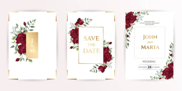 Tarjeta Invitación Boda Con Rosas Rojas Acuarela Hojas Marco Geométrico — Archivo Imágenes Vectoriales