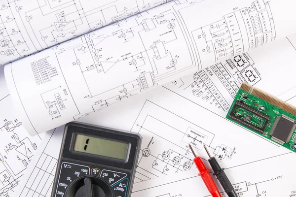 Desenhos de engenharia elétrica, placa eletrônica e mu digital — Fotografia de Stock