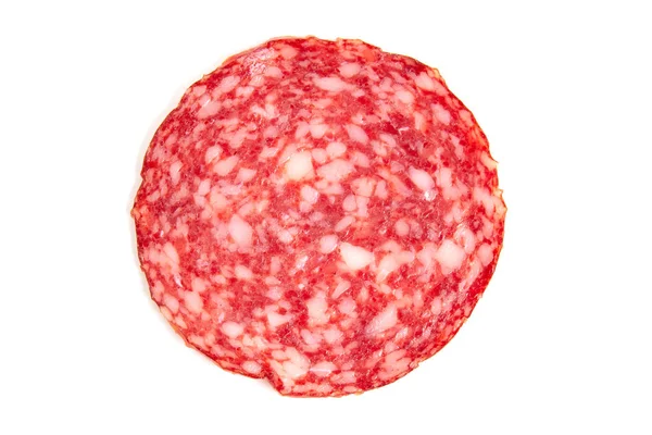 Parte Salsicha Salame Close Fundo Branco — Fotografia de Stock