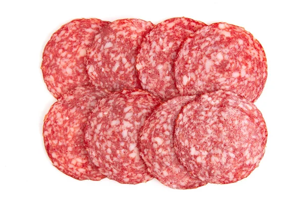 Saucisse Salami Fumée Tranchée Sur Fond Blanc — Photo