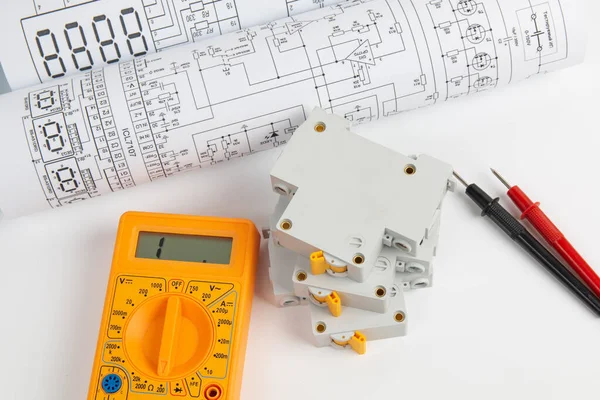 Desenhos Engenharia Elétrica Disjuntor Multímetro Digital — Fotografia de Stock
