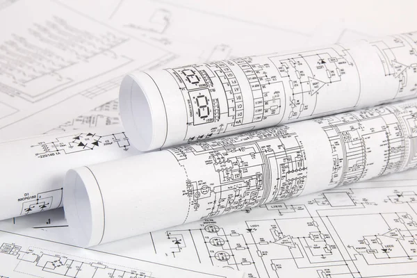 Electronics and Engineering. Printed drawings of electrical circuits. Science, technology and electronics.