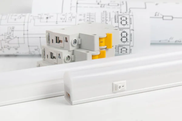 紙工学図面のLedランプと回路遮断器の背景 — ストック写真