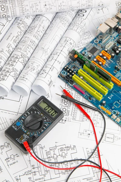 Desenhos Engenharia Elétrica Placa Mãe Computador Multímetro Digital — Fotografia de Stock