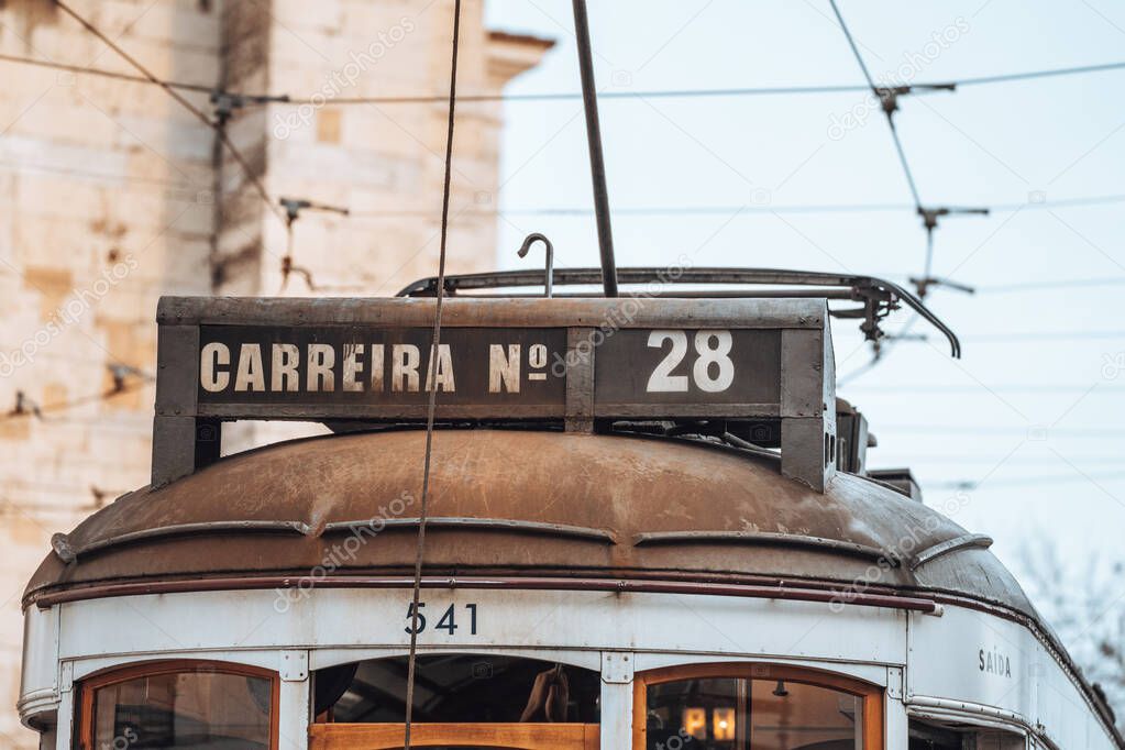 Lisbon, Portugal - January 17, 2020: Close up of the street car 