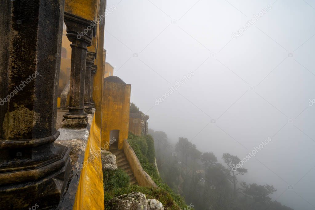 View of the side of the Pena Palace castle in Sintra, on a very 