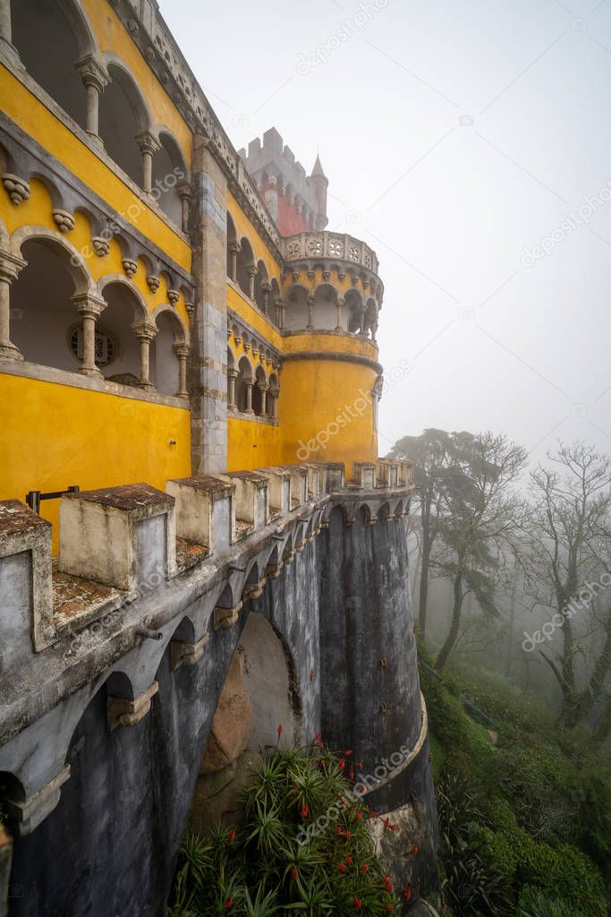 Outside architecture of the Pena Palace in Sintra Portugal on a 