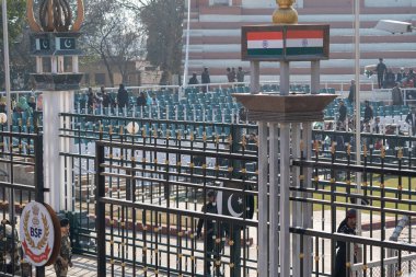 Attari, India - Febuary 8, 2020: Closed India Pakistan border gates for the day at the Wagah Border Closing ceremony with Pakistan